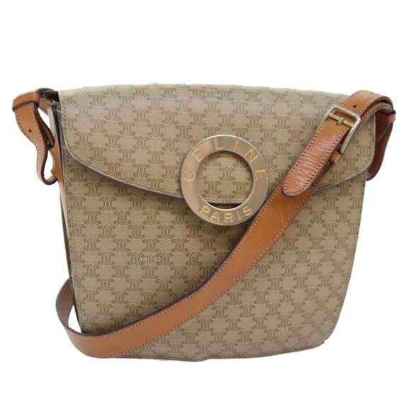 CELINE Macadam Canvas Shoulder Bag Beige Gold Auth ep5915 - Picture 1 of 14